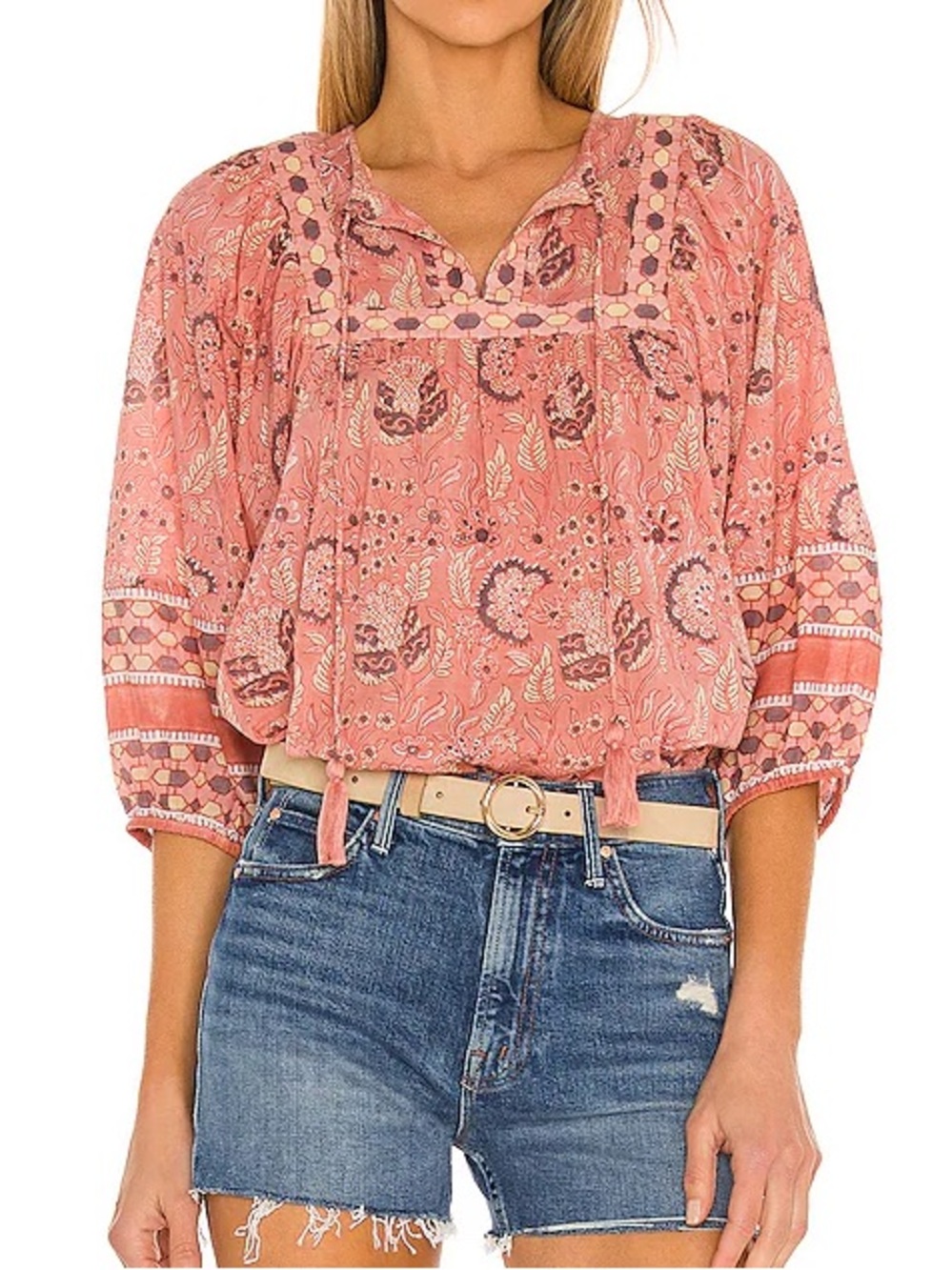 Cleobella Amarillis Floral Block Print Organic Cotton Peasant Blouse Small